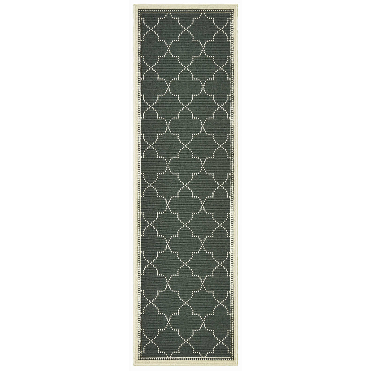 Marina Grey & Ivory Outdoor Rug, long runner with grey quatrefoil pattern and ivory border.
