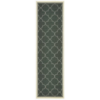 Marina Grey & Ivory Outdoor Rug, long runner with grey quatrefoil pattern and ivory border.