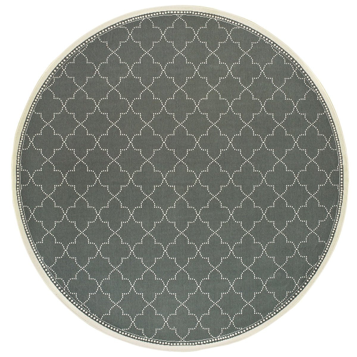 Round Marina Grey & Ivory Outdoor Rug with a quatrefoil pattern and polypropylene looped yarn.