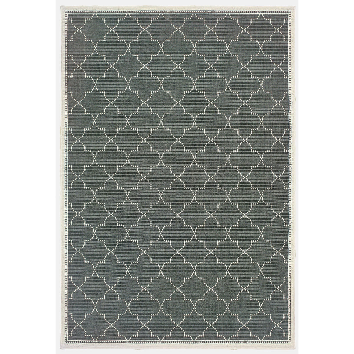 Marina Grey & Ivory Outdoor Rug with a repeating quatrefoil pattern, power-loomed polypropylene.