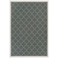 Marina Grey & Ivory Outdoor Rug with a repeating quatrefoil pattern, power-loomed polypropylene.