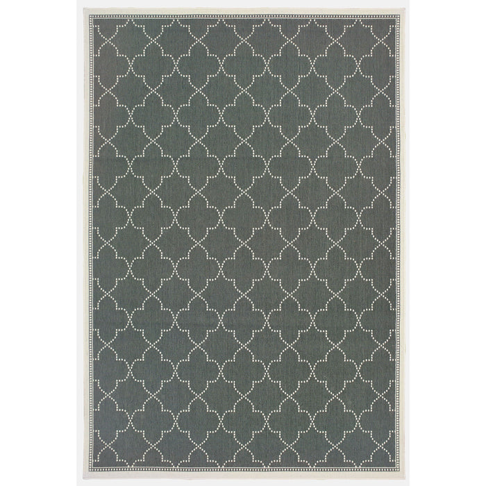 Marina Grey & Ivory Outdoor Rug with a repeating quatrefoil pattern, power-loomed polypropylene.