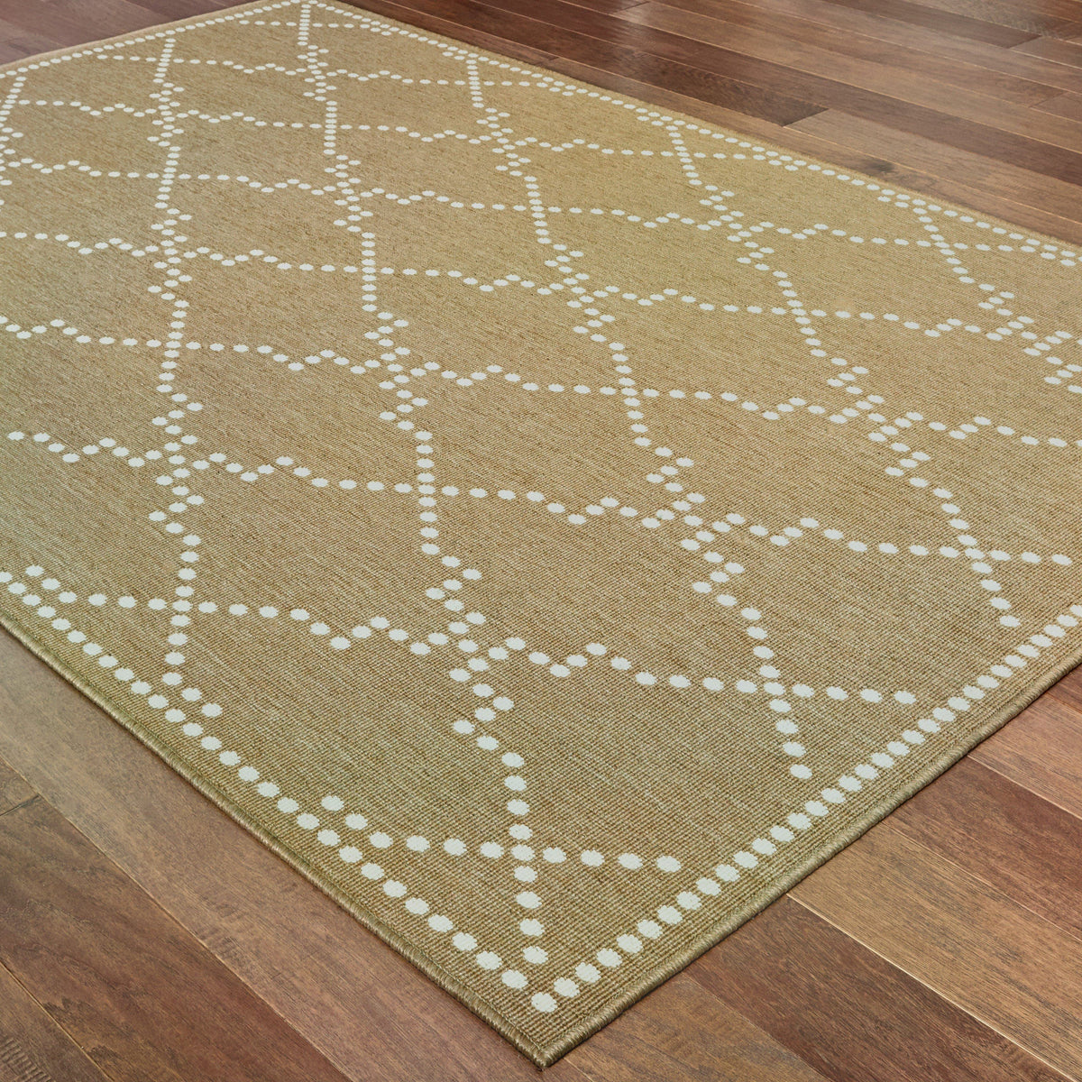 Marina Tan & Ivory Outdoor Rug with a dotted geometric pattern on a wood floor.