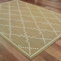 Marina Tan & Ivory Outdoor Rug with a dotted geometric pattern on a wood floor.
