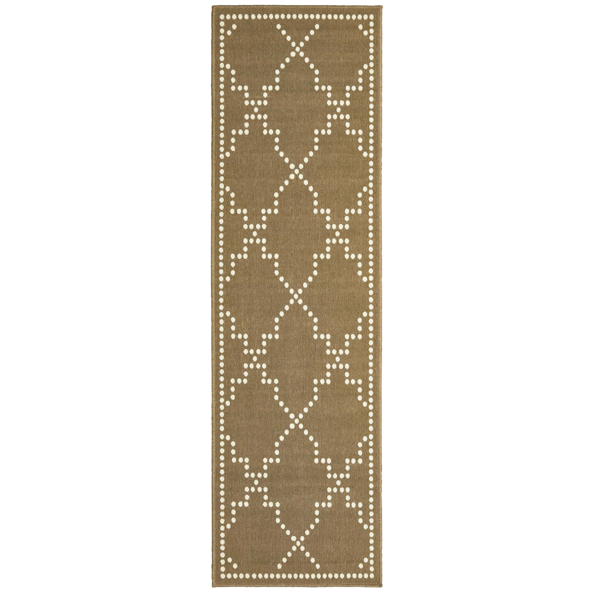 Marina Tan & Ivory Outdoor Rug, a long runner with a geometric dotted trellis pattern.