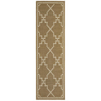 Marina Tan & Ivory Outdoor Rug, a long runner with a geometric dotted trellis pattern.