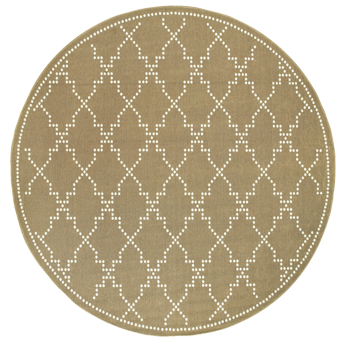 Oval Marina Tan & Ivory Outdoor Rug with white dotted trellis pattern.