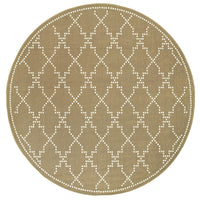 Oval Marina Tan & Ivory Outdoor Rug with white dotted trellis pattern.