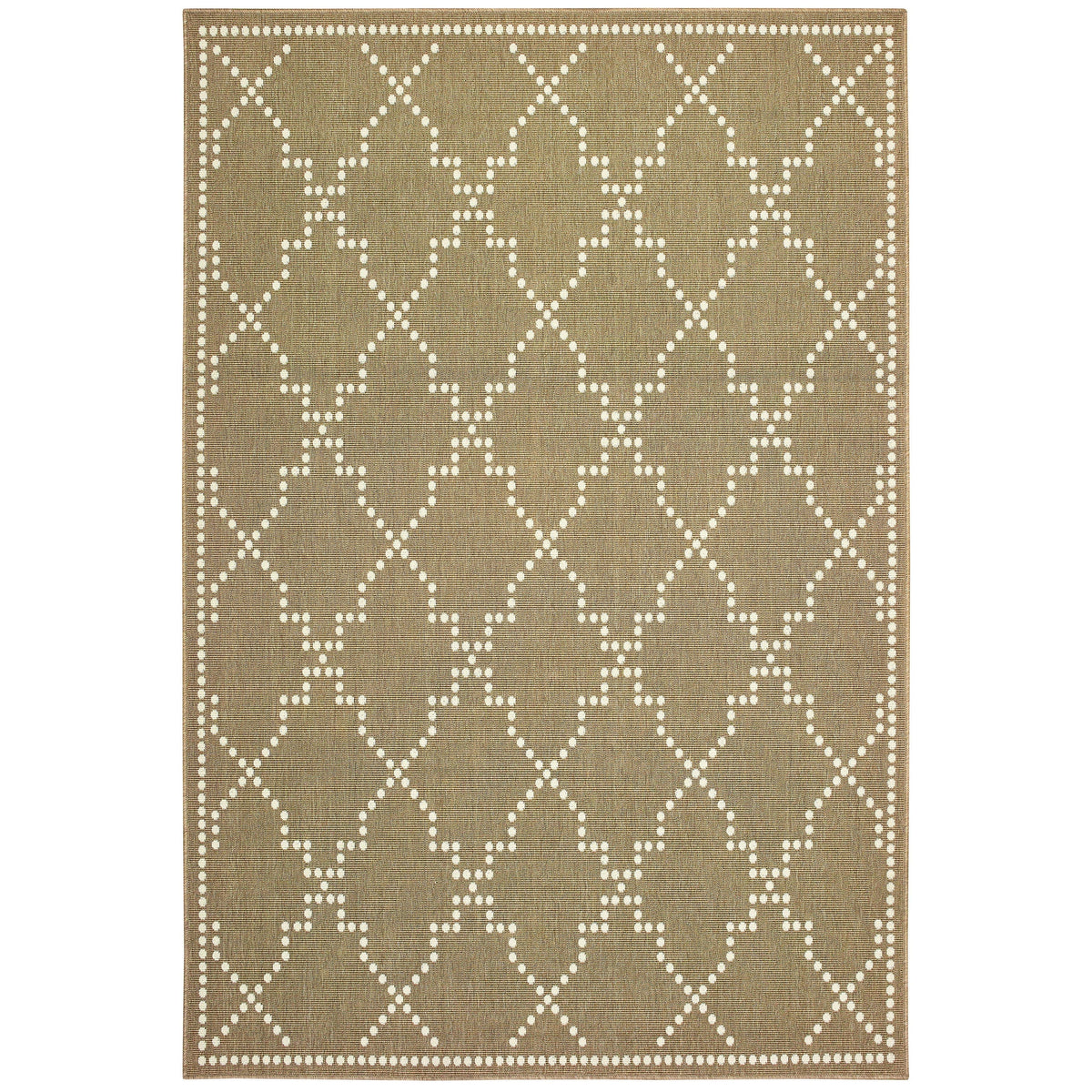 Marina Tan & Ivory Outdoor Rug with a dotted trellis pattern and woven polypropylene construction.