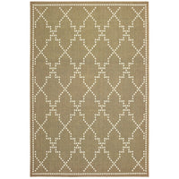Marina Tan & Ivory Outdoor Rug with a dotted trellis pattern and woven polypropylene construction.