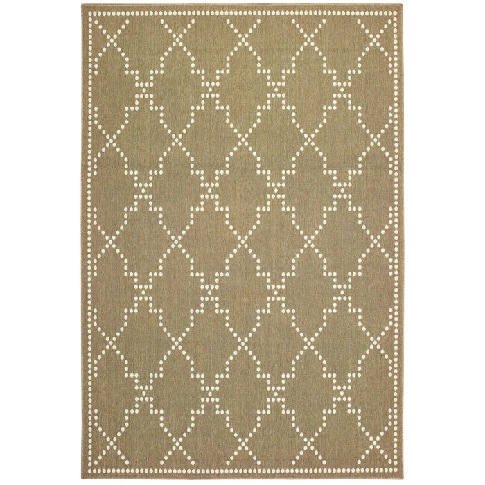 Marina Tan & Ivory Outdoor Rug with a dotted trellis pattern and woven polypropylene construction.