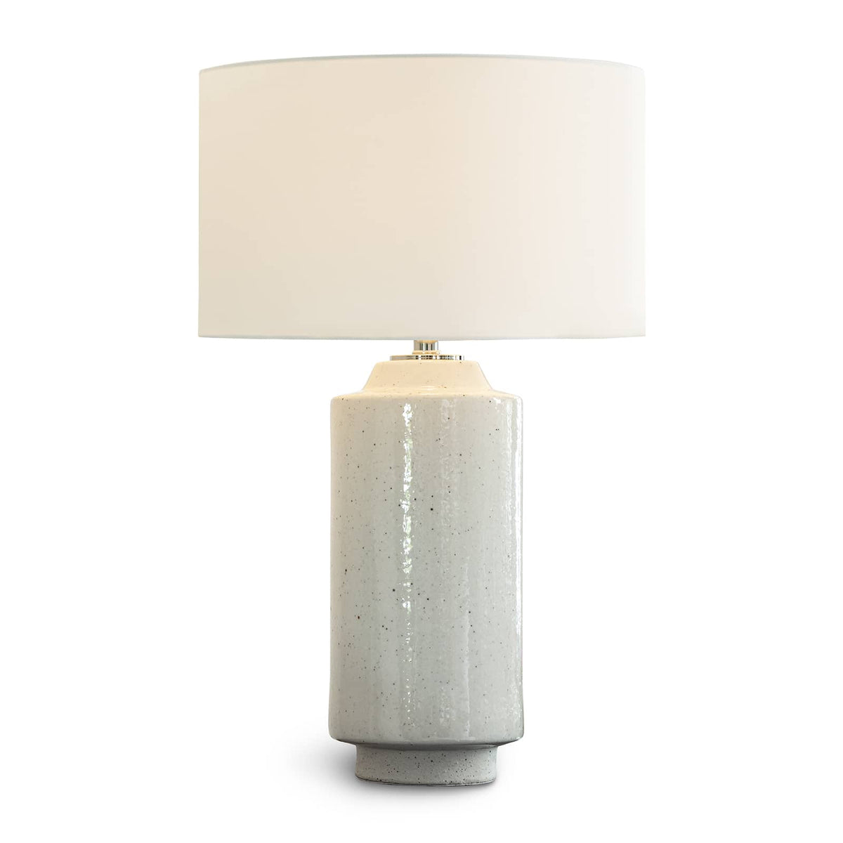 Markus 28.5" ceramic table lamp with a freckled body, polished nickel finish, and natural linen drum shade.