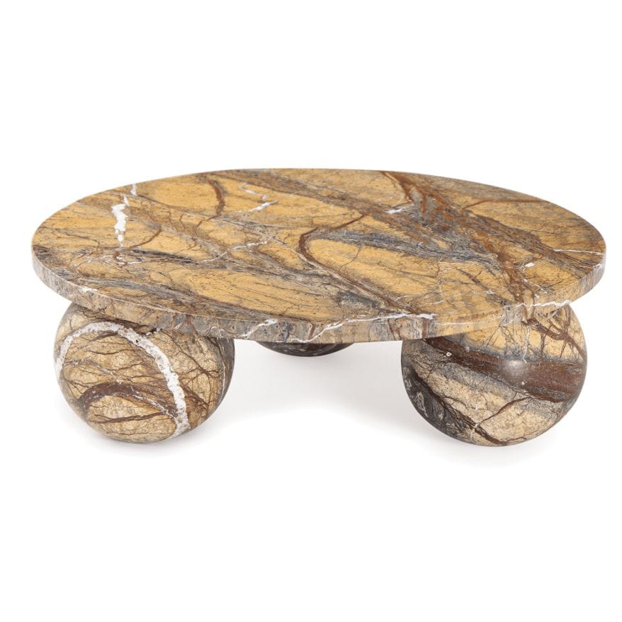 Marlow brown marble plate with a round top and two spherical legs, showcasing natural veining.