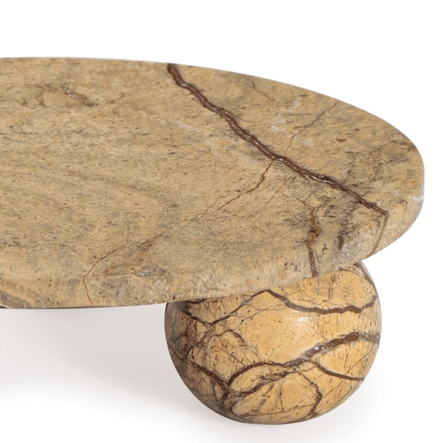 Round Marlow brown marble plate with a single spherical base, showing natural veining.