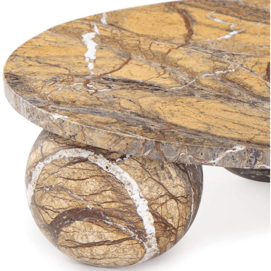 Marlow brown marble plate with a round top and spherical base, showcasing natural veining.