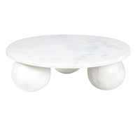 Round white marble plate with three spherical legs.