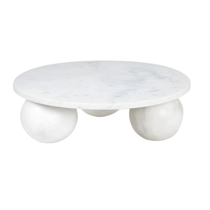 Round white marble plate with three spherical feet, 9" wide.