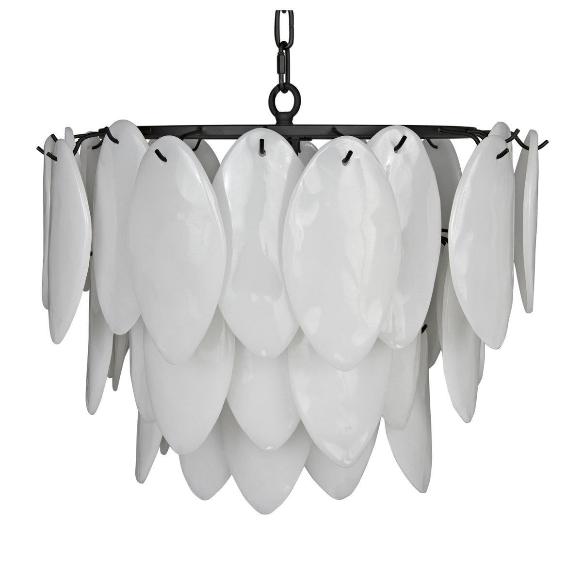 Matte black metal chandelier with three tiers of white milk glass lotus petals, 20"H x 23"W.