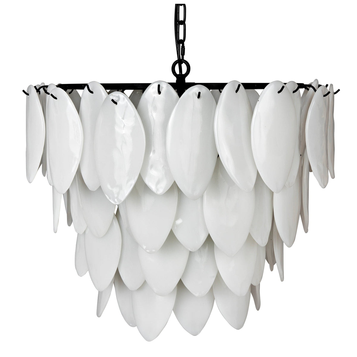 Matte black chandelier with three tiers of white milk glass lotus petals, 20"H x 23"W.