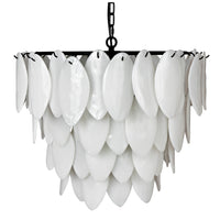 Matte black chandelier with three tiers of white milk glass lotus petals, 20"H x 23"W.