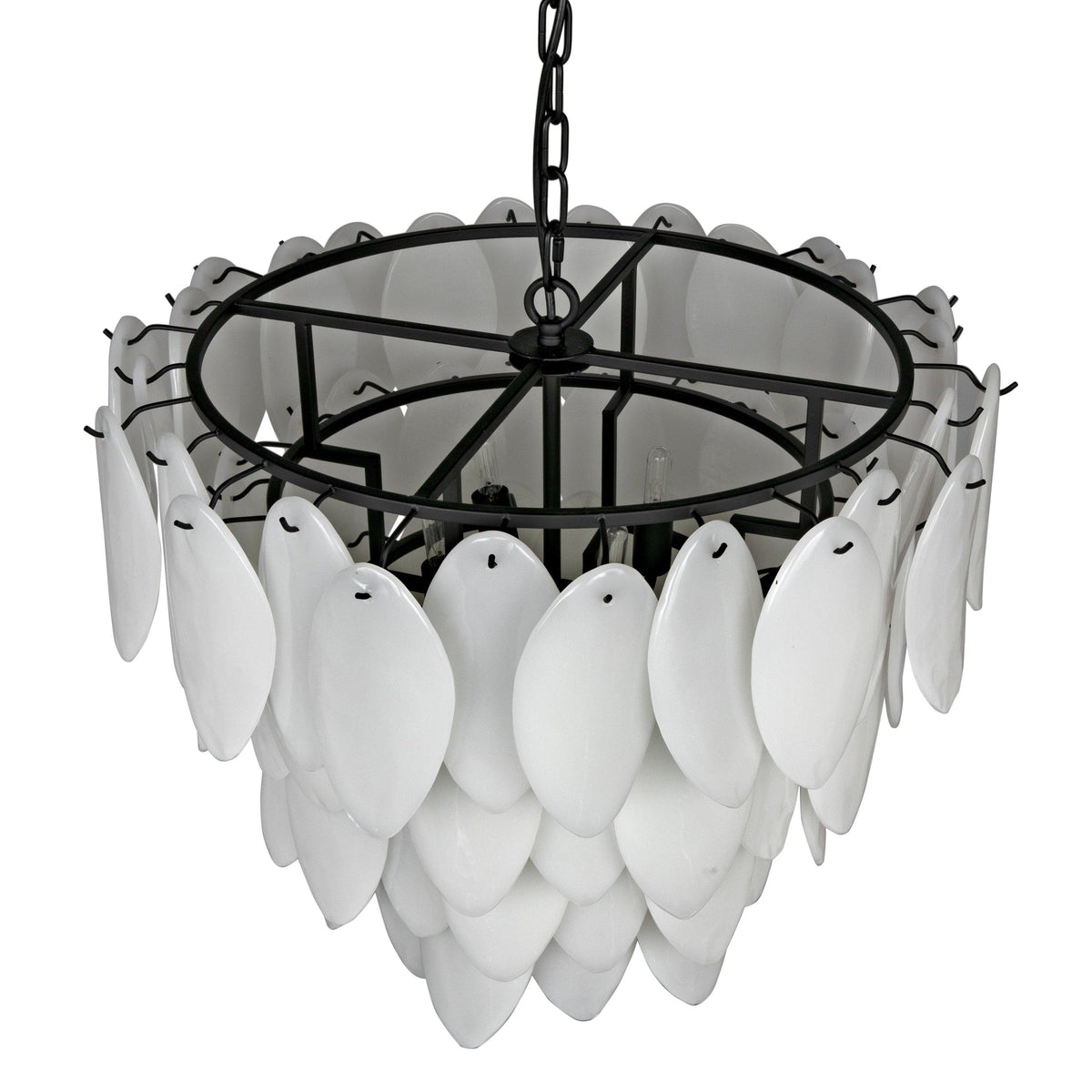 Matte black metal chandelier with three tiers of white milk glass lotus petals.