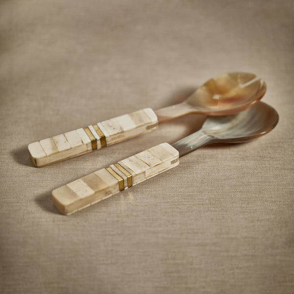 Matteo Horn Salad Server Set Bone Handle - Set Detail | Bone & Brass