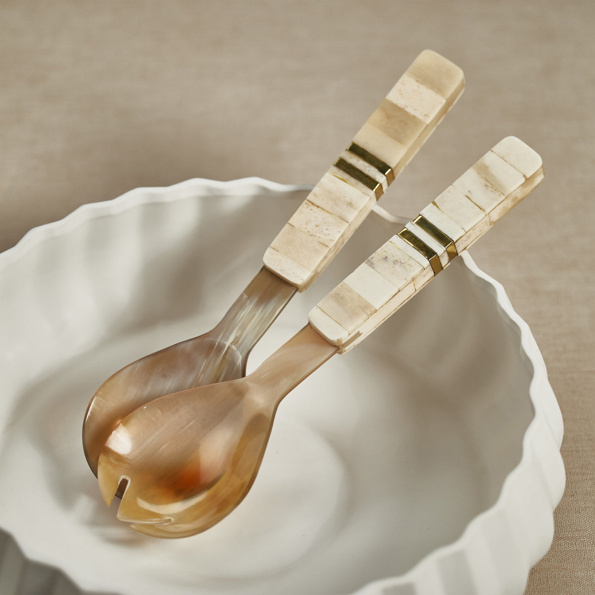 Matteo Horn Salad Server Set Bone Handle - Handle Detail | Bone & Brass