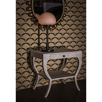 Maude 2-Tier Side Table: solid mahogany, light gray veneer, brass pull, storage drawer, curved legs.