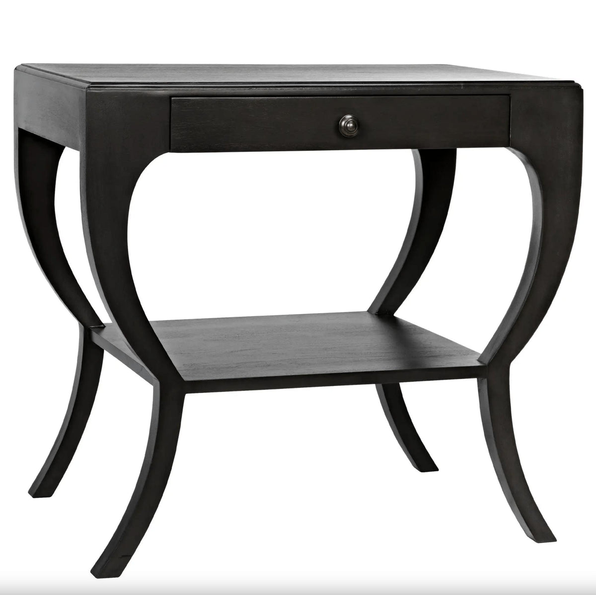 Dark mahogany Maude 2-Tier Side Table with curved legs, a drawer, and brass pull.