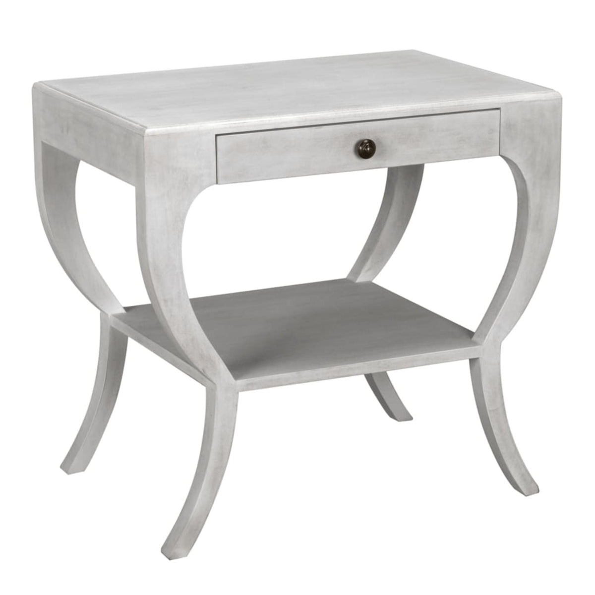 Maude 2-Tier Side Table: light gray mahogany, modern design, brass pull, storage drawer, curved legs.