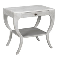 Maude 2-Tier Side Table: light gray mahogany, modern design, brass pull, storage drawer, curved legs.