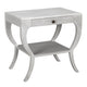 Maude 2-Tier Side Table: light gray mahogany, modern design, brass pull, storage drawer, curved legs.