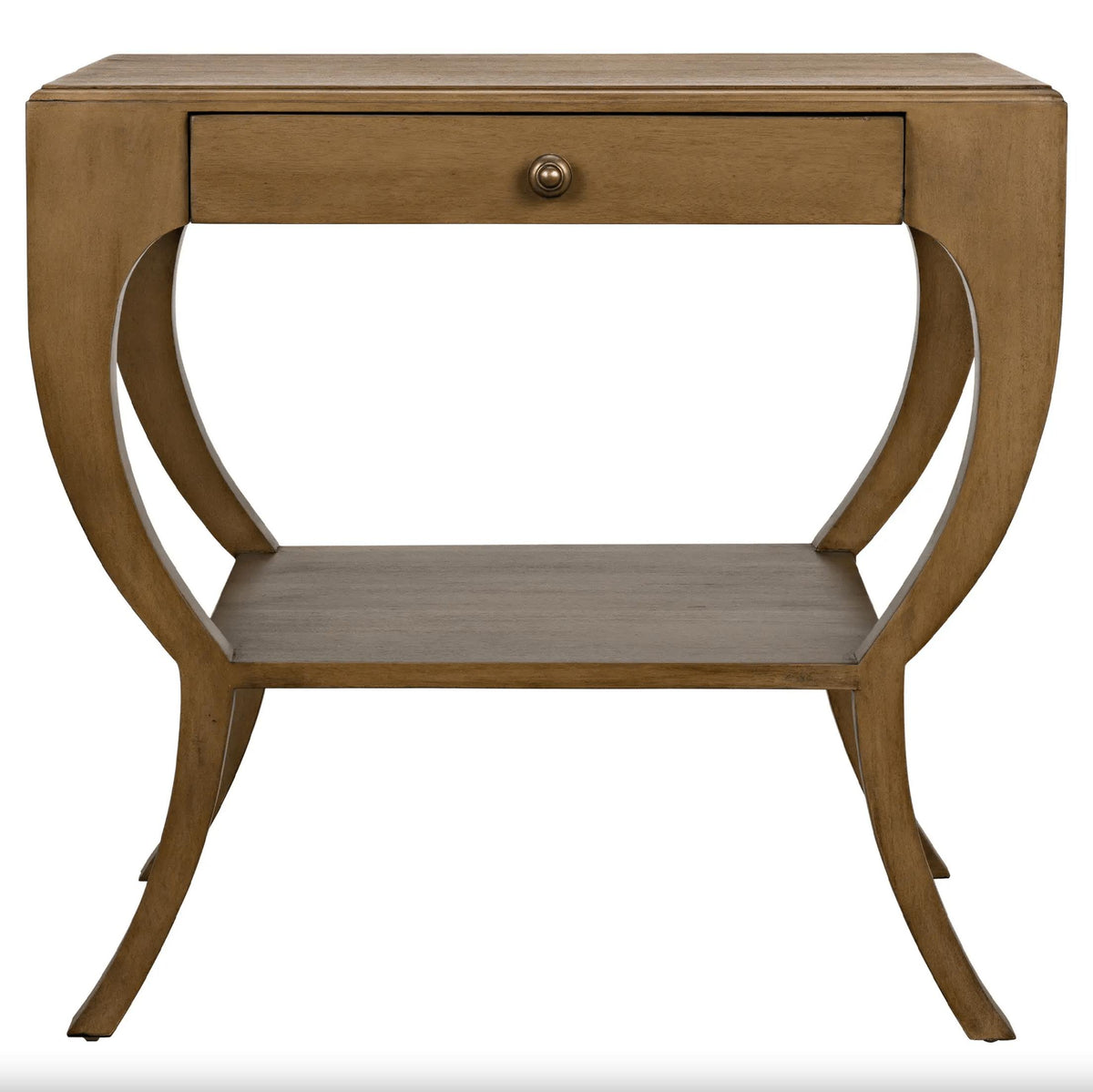 Maude 2-Tier Side Table: Solid mahogany with a smooth veneer, brass pull, and storage drawer.