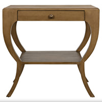 Maude 2-Tier Side Table: Solid mahogany with a smooth veneer, brass pull, and storage drawer.