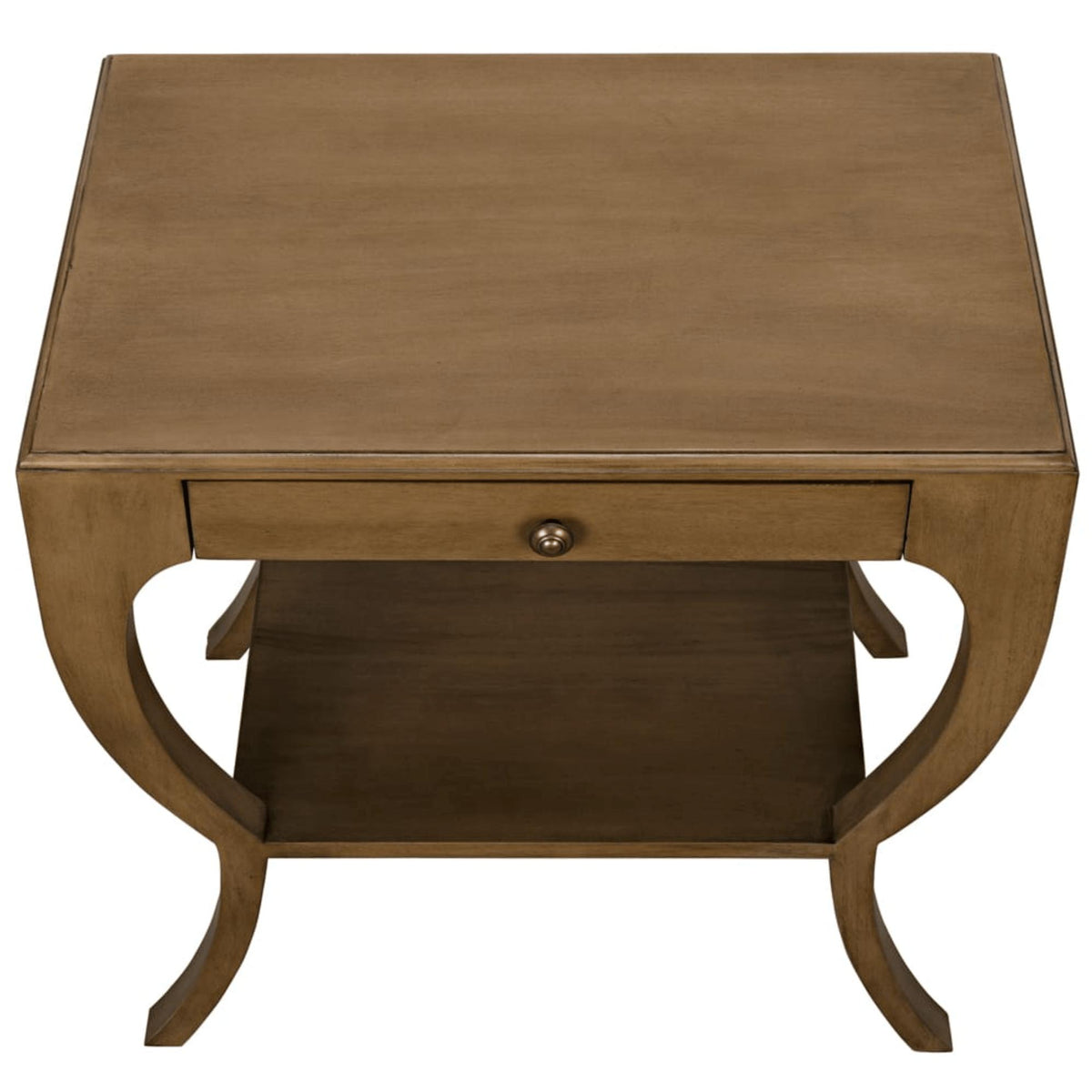 Maude 2-Tier Side Table: solid mahogany, smooth veneer, brass pull, storage drawer, modern design.