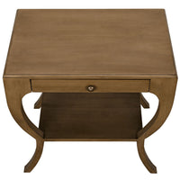 Maude 2-Tier Side Table: solid mahogany, smooth veneer, brass pull, storage drawer, modern design.