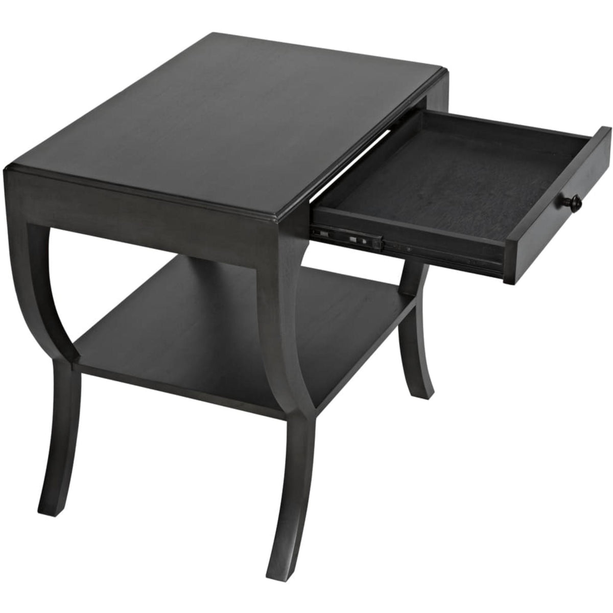 Dark mahogany 2-tier side table with a modern design, open drawer, and brass pull.