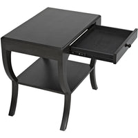 Dark mahogany 2-tier side table with a modern design, open drawer, and brass pull.