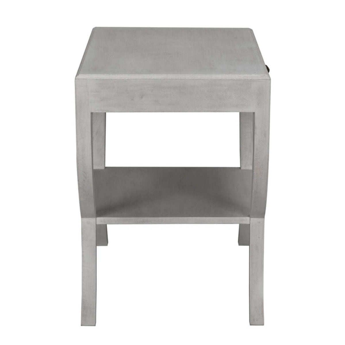 Gray solid mahogany 2-tier side table with a drawer and brass pull.