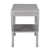 Gray solid mahogany 2-tier side table with a drawer and brass pull.