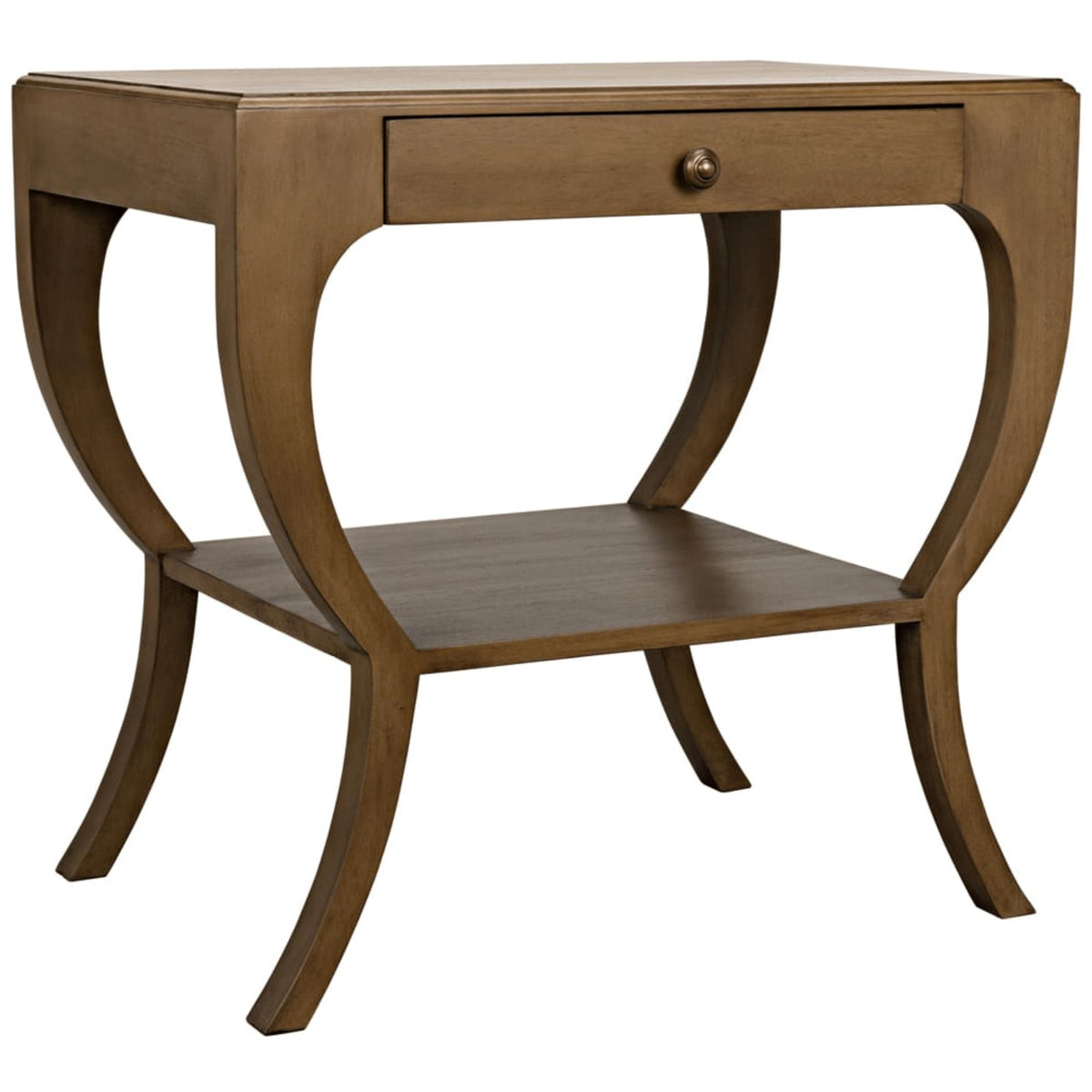 Maude 2-Tier Side Table: Solid mahogany with a smooth veneer, brass pull, and storage drawer.