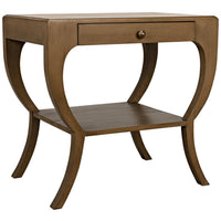 Maude 2-Tier Side Table: Solid mahogany with a smooth veneer, brass pull, and storage drawer.