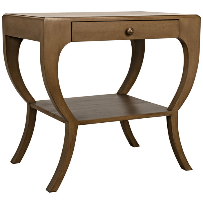 Maude 2-Tier Side Table: Solid mahogany with a smooth veneer, brass pull, and storage drawer.
