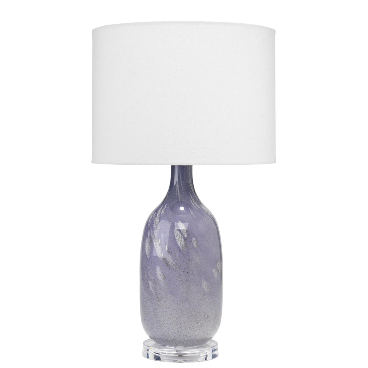 Maya Lavender Glass Table Lamp: handmade oblong lavender mouth-blown glass lamp with white shade.
