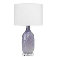 Maya Lavender Glass Table Lamp: handmade oblong lavender mouth-blown glass lamp with white shade.
