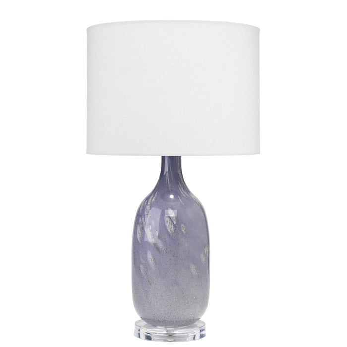 Maya Lavender Glass Table Lamp: handmade oblong lavender mouth-blown glass lamp with white shade.