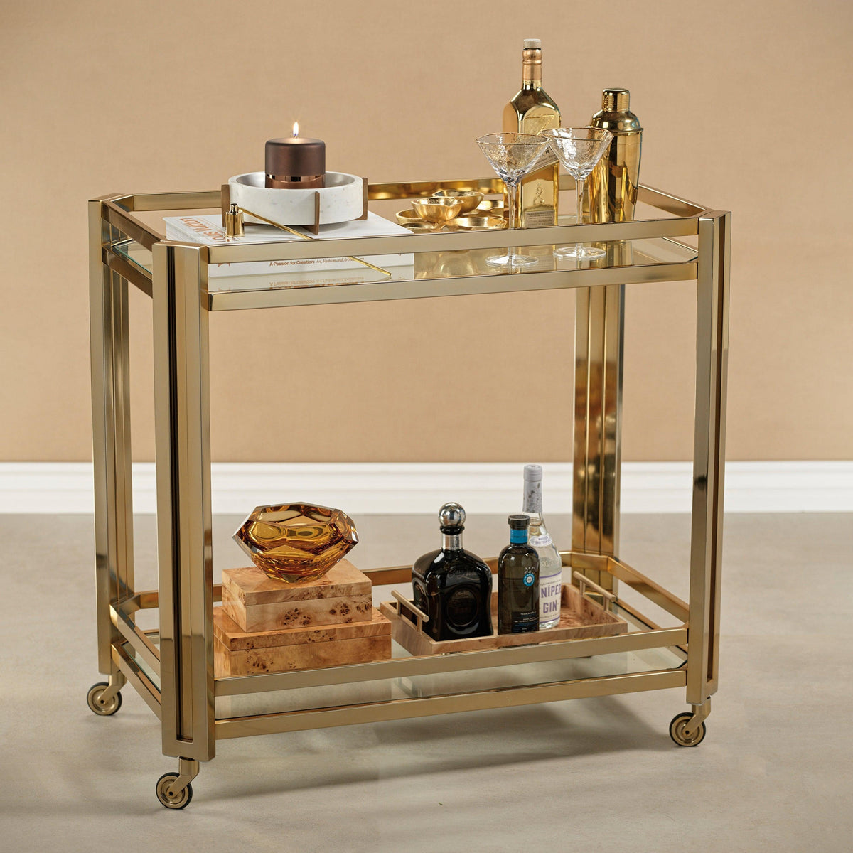Mayfair High Gloss Gold Bar Cart - Bar Cart Detail | Bone & Brass
