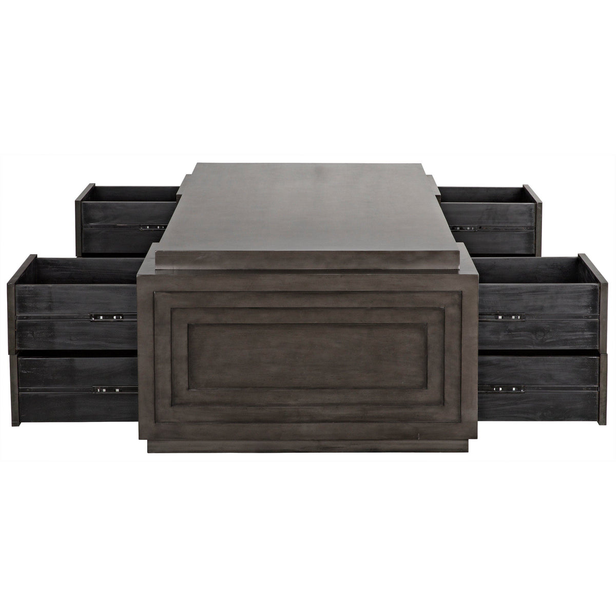 Mentor 2-Sided Desk in pale black mahogany with eight open drawers and brass pulls.