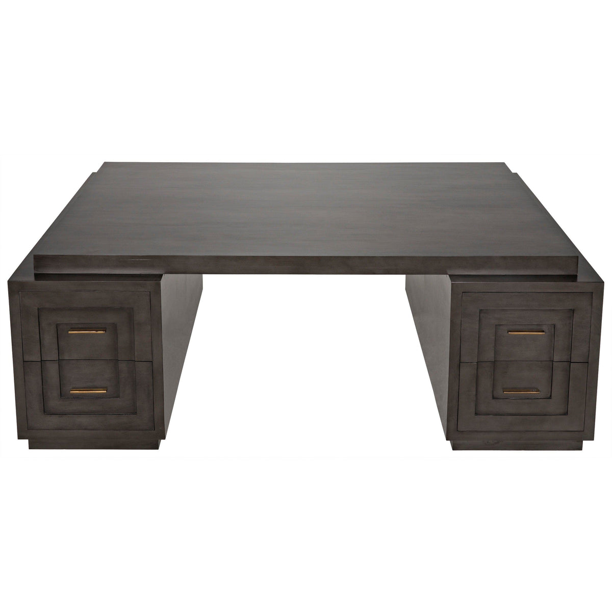Mentor 2-Sided Desk in pale black mahogany with eight drawers and brass pulls.