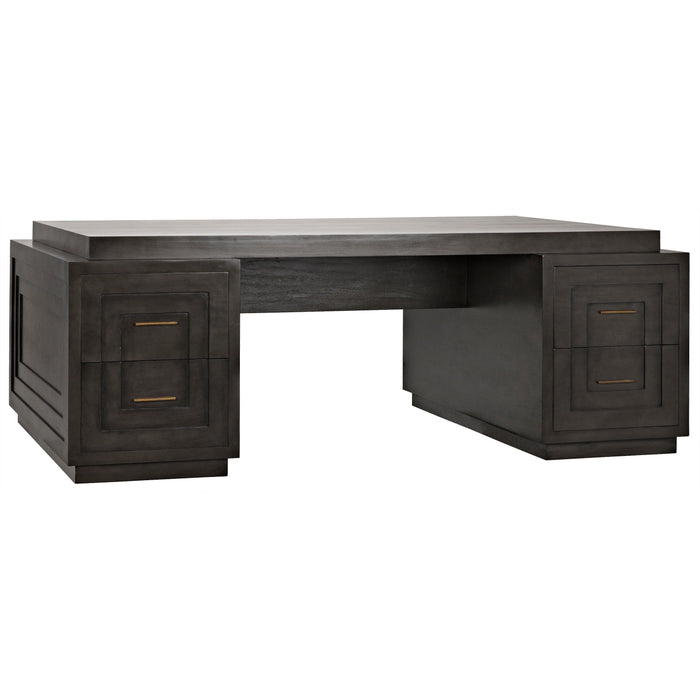 Pale black mahogany 2-sided desk with eight drawers and brass pulls.